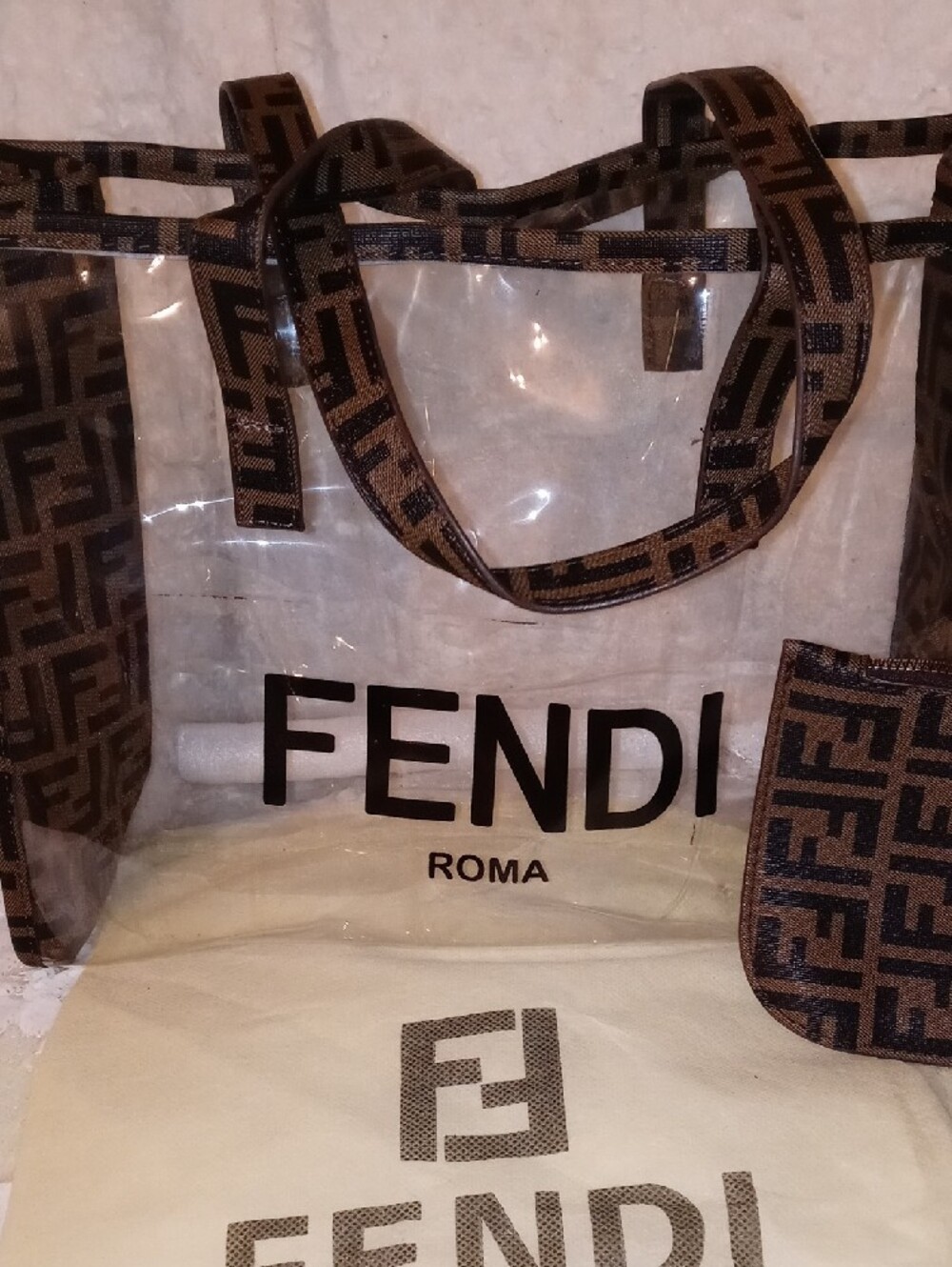 Fendi Clear Tote with Brown FF Monogram Trim and Matching Pouch - Picture 4 of 13